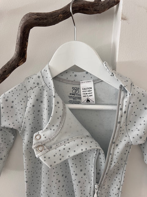 Side zip all in one sleep suit, misty blue southern sky print